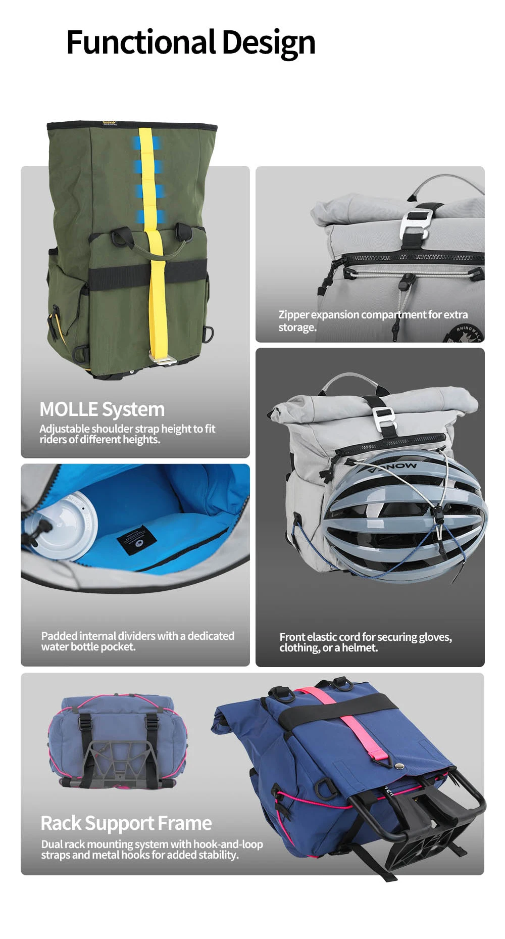 Rhinowalk X Ridgeloop Fahrradlenkertasche 17L, schnell abnehmbare Fahrrad-Fronttasche mit Adapterblock, inklusive Adapterblock für Faltrad/MTB – Detail 7