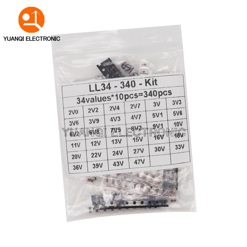 340pcs 1/2W LL34 SMD Zener Diode Assorted Kit 0.5W 2V-47V 34 Values Each 10pcs DIY Sample Pack