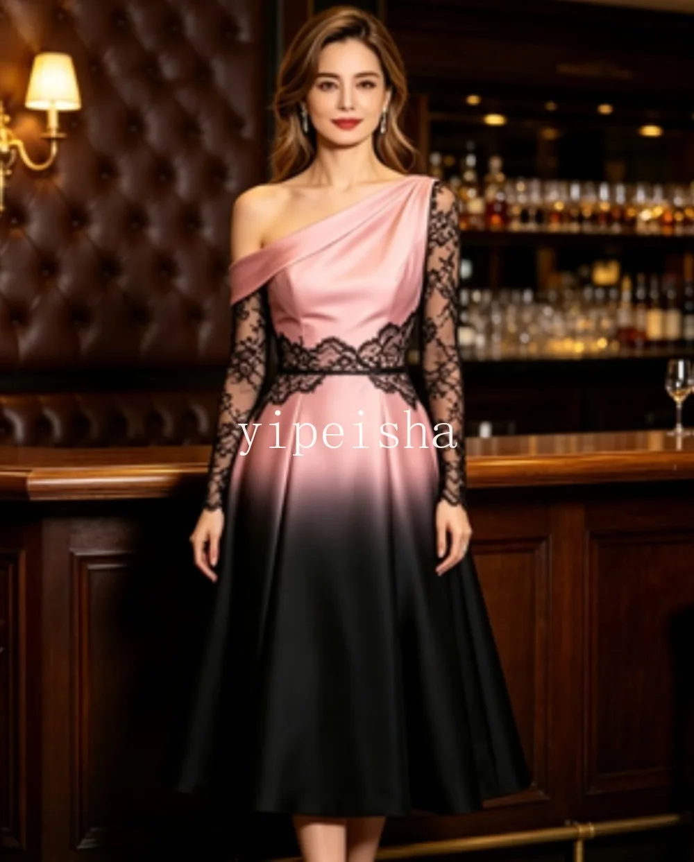 Customized Pink Black Gradient Satin Midi Evening Dress One‑Shoulder Asymmetrical Neck Black Lace A‑Line Swing Formal Party Gown
