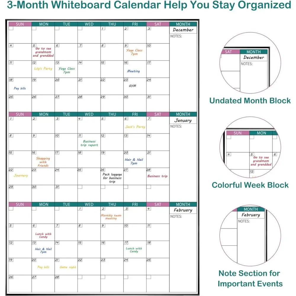 تقويم السبورة البيضاء المغناطيسية لمدة 3 أشهر، 39 × 28 بوصة، مؤطر أسود، مثالي للمنزل والمكتب والمدرسة