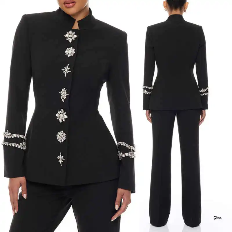 

Spring Hot Women's Suit 2 Piece Crystal Jacket Pants Single Breasted High Collar Formal Occasion Prom Banquet Customized