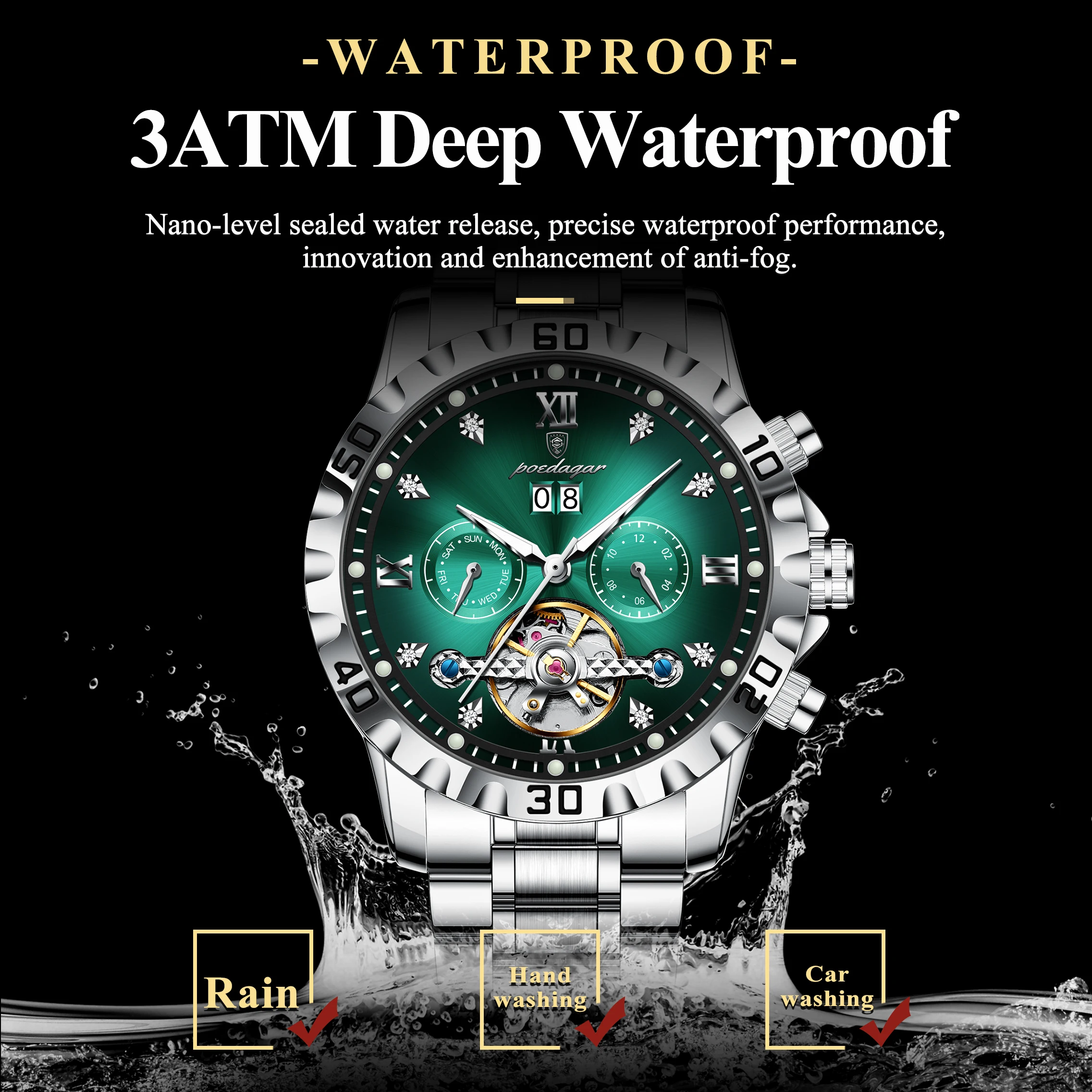 POEDAGAR Fashion Luxury Men Watch Automatic Date Week Man Wristwatch Hollow Tourbillon Mechanical Stainless Steel Men's Watches - view 3