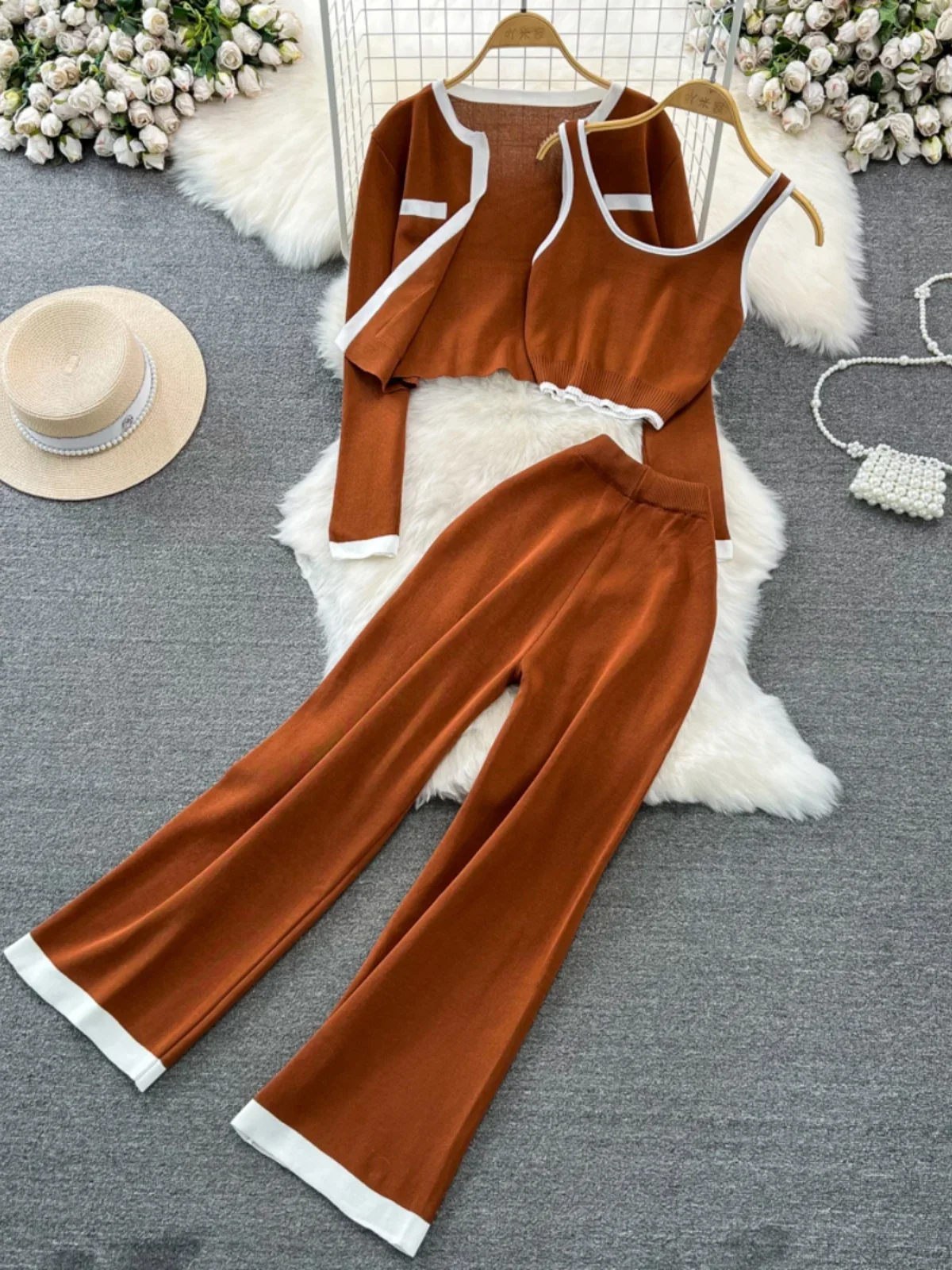 New Fashion Contrast Color 3 Piece Sets Women Outfit Knitted Long Sleeve Cardigan + Camisole + Wide Leg Pants Sets Autumn Suits