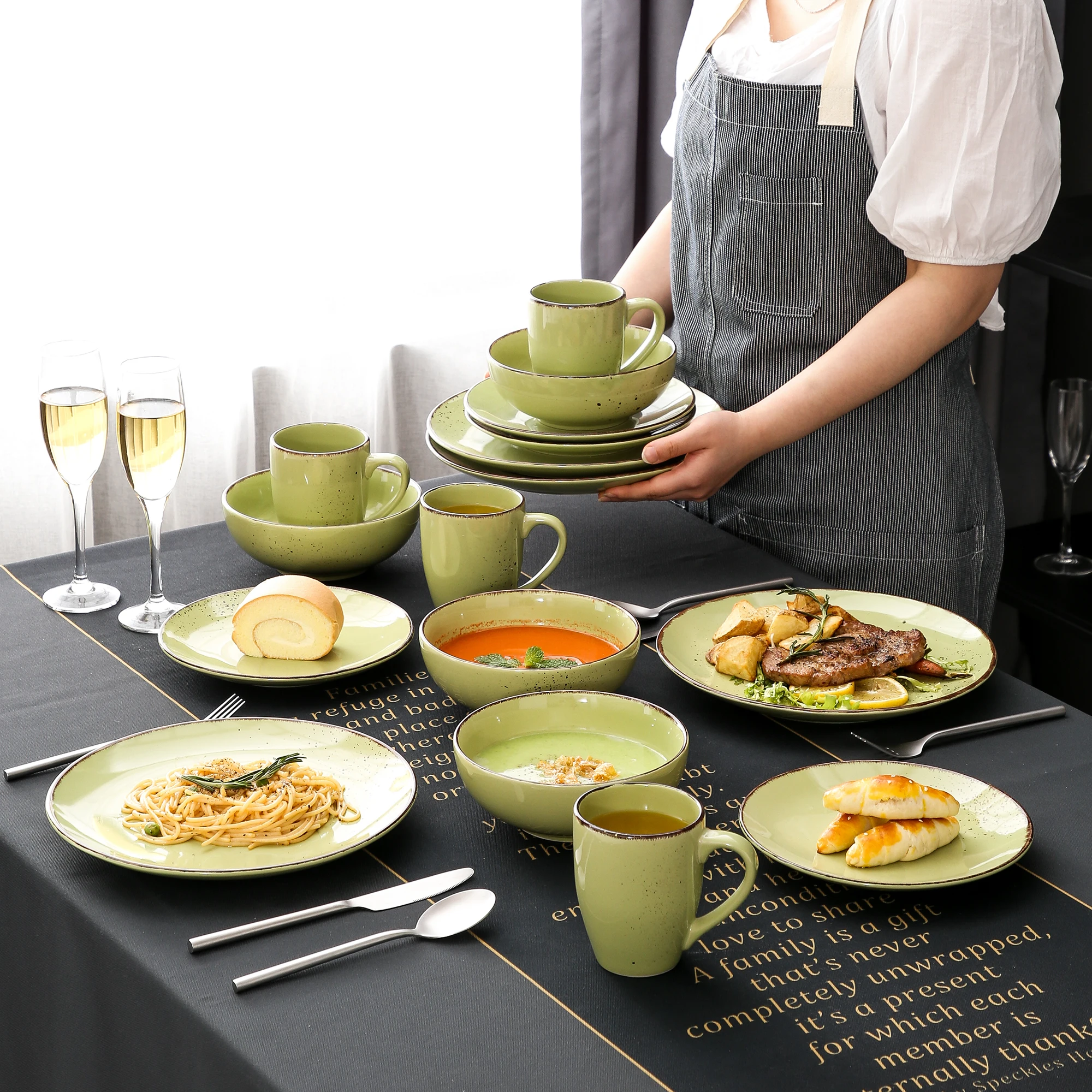 

Green 16/32/48-Piece Stoneware Ceramic Dinnerware Set with Dinner Plate,Dessert Plate, Bowl, Mug Tableware Set