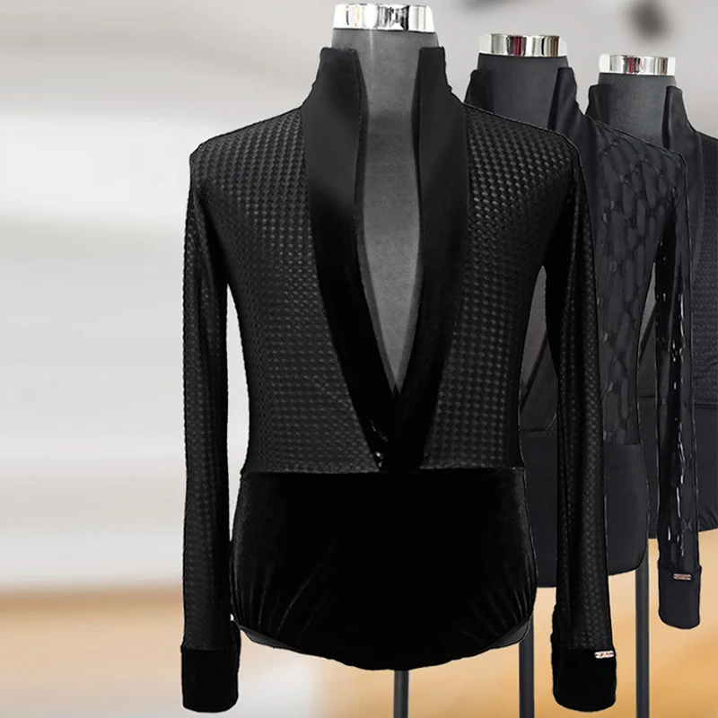 Male Sexy V-Neck Latin Dance Competition Tops Long Sleeve Tango Ballroom Dancing Clothes Samba Rumba Performance Costume VDB5185