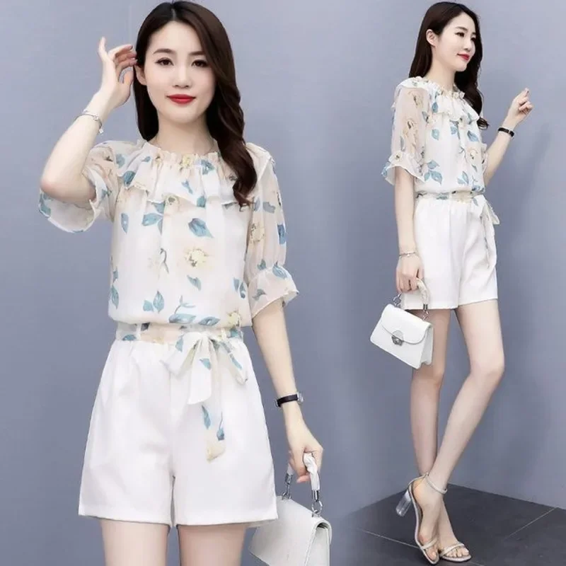 Women's Suit 2025 Summer New Clothing Fashion Chiffon Crop Top Short Two Piece Sets Shirts Wide Leg Pants Cute Outfits For Women