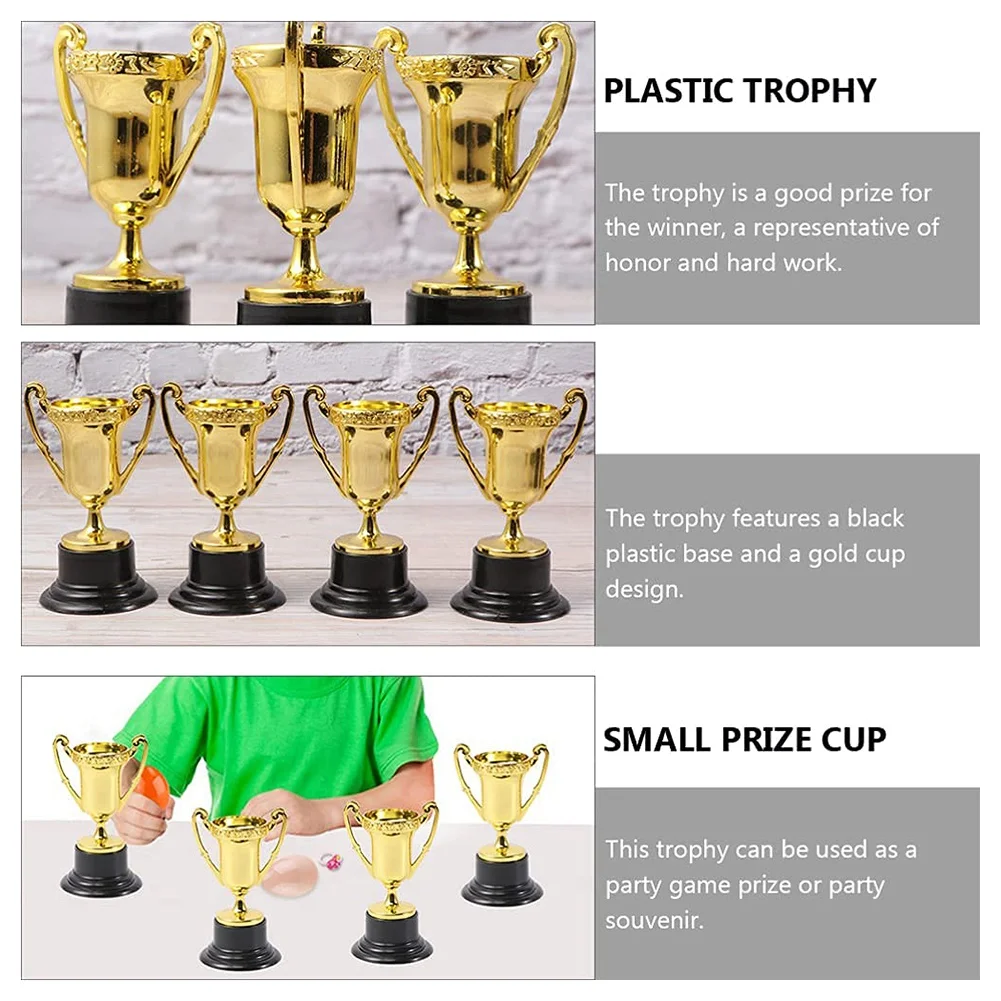 AED7-24Pcs mini prêmio dourado troféu prêmios decoração prêmios de recompensa de plástico jardim de infância crianças presente prêmios troféu com base preta