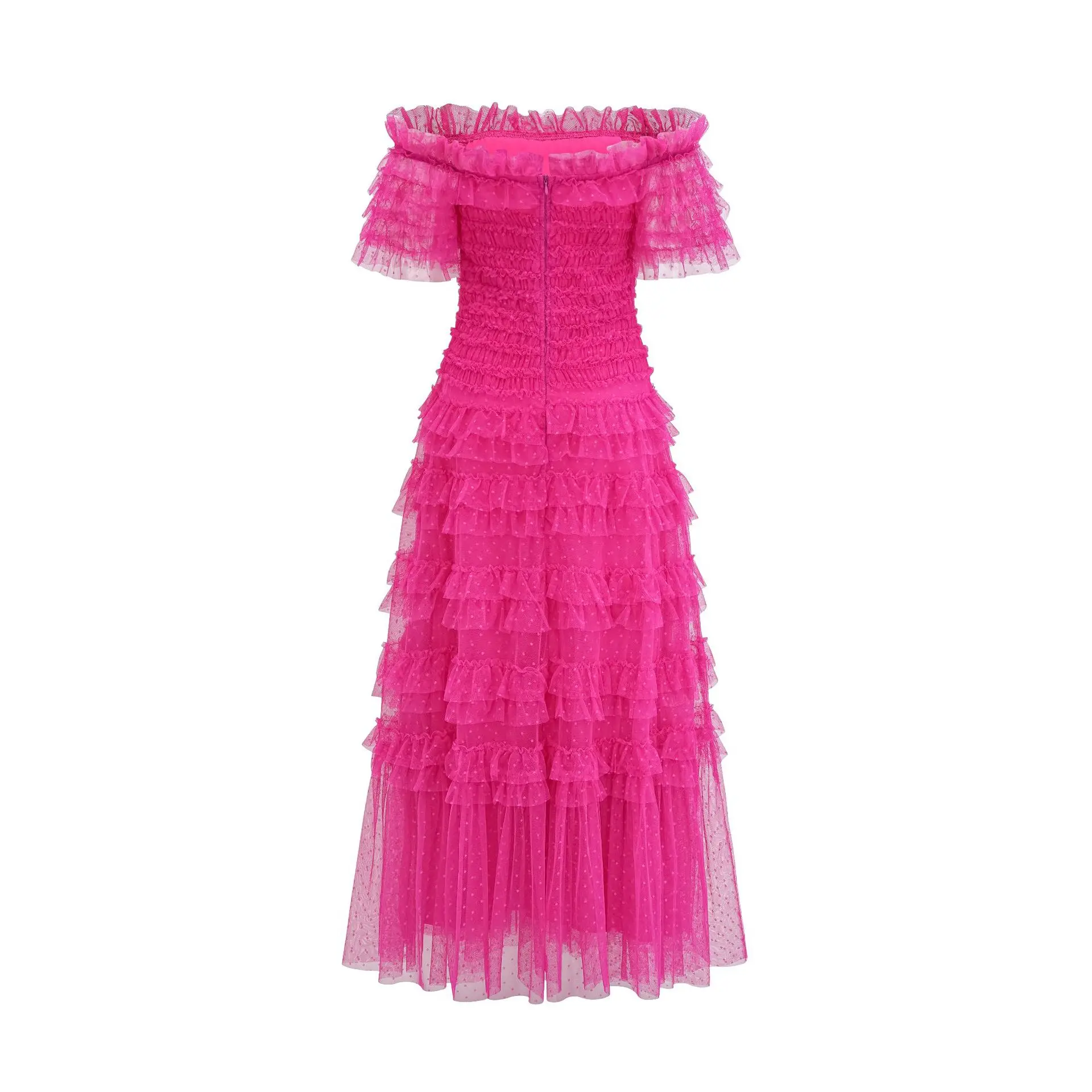 여성용 오프 숄더 메쉬, 슬리밍 효과, 허리 조임, 중간 길이 스커트, 기질, 단색 원피스