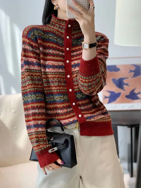 

Winter High Collar Sweater New Sle Age Reduction Embroidered Stand Collar Open Cardigan Knitted Loose Fem Bear Velvet Sw...