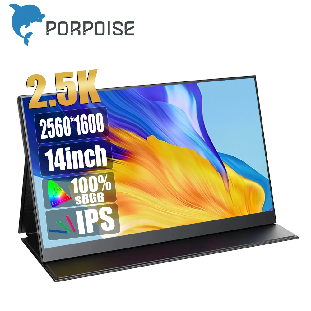 PORPOISE 14\'\' Portable Monitor 2.5K 1600P IPS USB-C Mini-HDMI External Second Screen for Mac Laptop PC Android Switch Xbox PS4/5