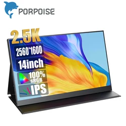 PORPOISE 14'' Portable Monitor 2.5K 1600P IPS USB-C Mini-HDMI External Second Screen for Mac Laptop PC Android Switch Xbox PS4/5
