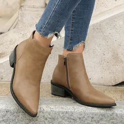 2024 Hot Sale Shoes Female Side Zipper Women's Boots Autumn Pointed Toe Solid Short Barrel Chunky Heels Large Size Naked Boots