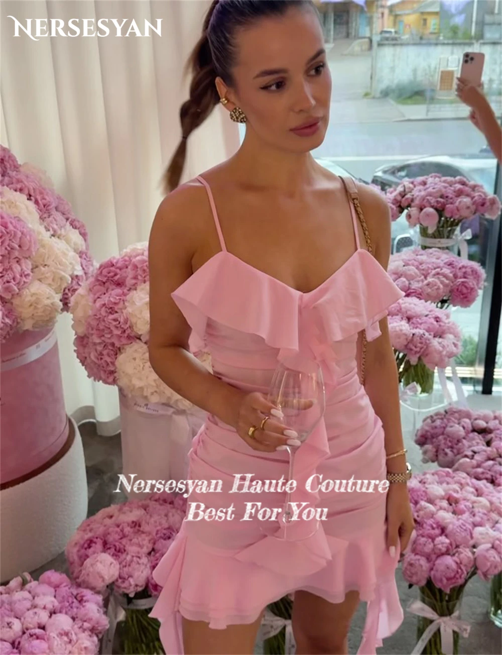 Nersesyan Robes de bal en mousseline de soie rose Bretelles spaghetti Volants Mini robe à plusieurs niveaux Robes de fête d'anniversaire 2025 pлаття жіно Kuy personnalisé