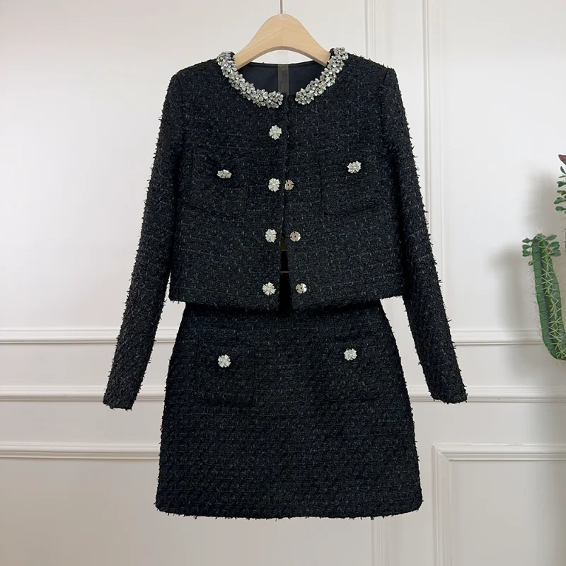 جودة عالية أسود صغير عطرة الماس دعوى المرأة سترة قصيرة عصرية + تنورة خط تويد سيدة الفرنسية قطعتين مجموعة #1