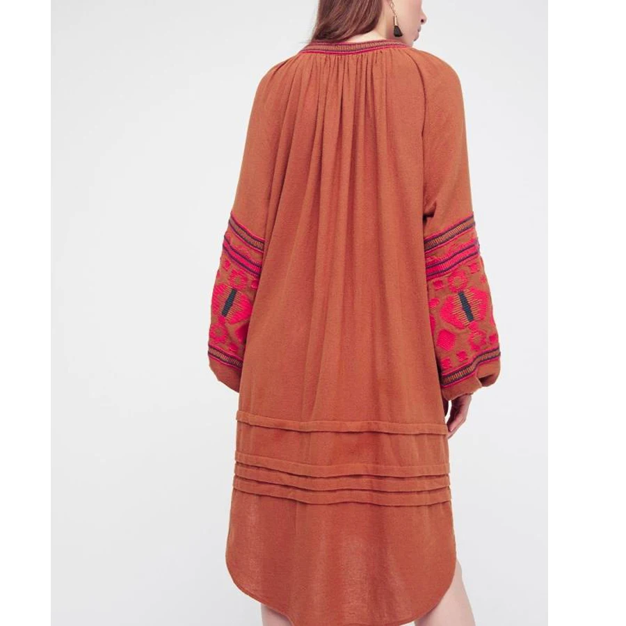 TEELYNN Boho Beach dress 2025 autumn cotton floral embroidery large lantern long sleeve o-neck loose Hippie women dresses Autumn