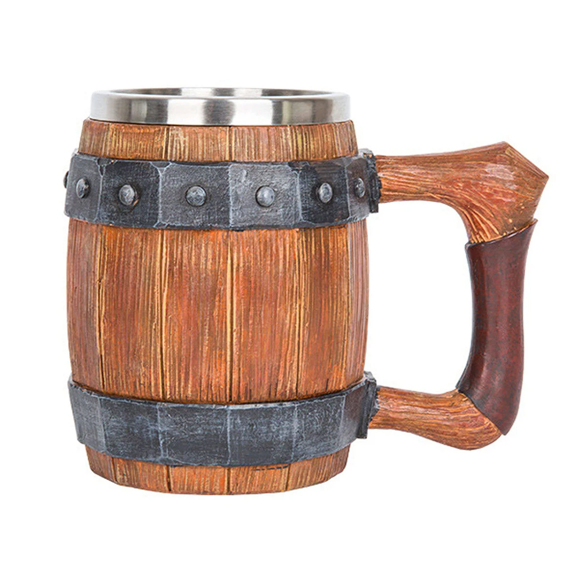 Viking Retro Beer Mug Resin 304 Stainless Steel Imitation Wood Coffee Cup Double Wall Mug Beer Jug Water Cup Barware Men's Gift