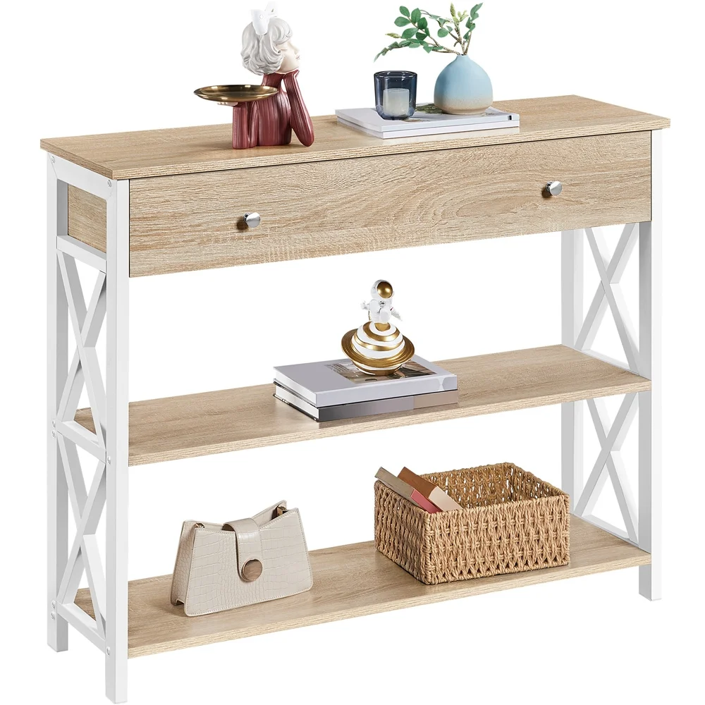 Console Table with Drawer and Storage Shelves, 3-Tier Sofa Table, Entryway Table with Metal Frame for Living Room Hallway image 6
