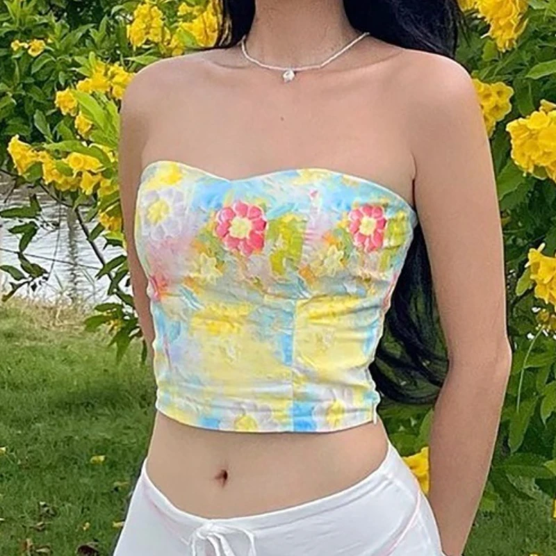 Causal Flower Print Tank Top Women Off Shoulder Sleeveless Bare Midriff Halter Crop Tops Camisole Female Tube Top Cropped Vest