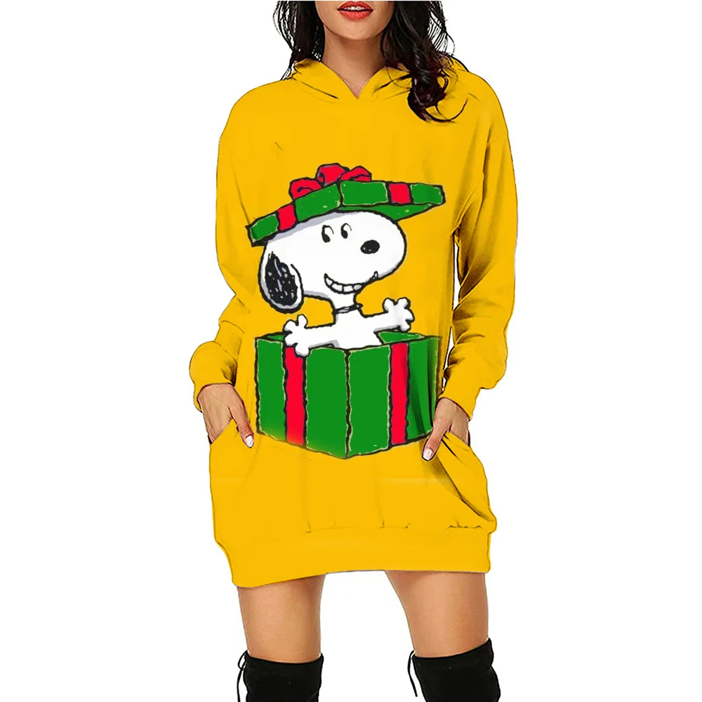 Christmas Casual Long Sleeve Dress Autumn Winter Women\'s Snoopy Print Disney Simple Comfortable Hooded Sweatshirt