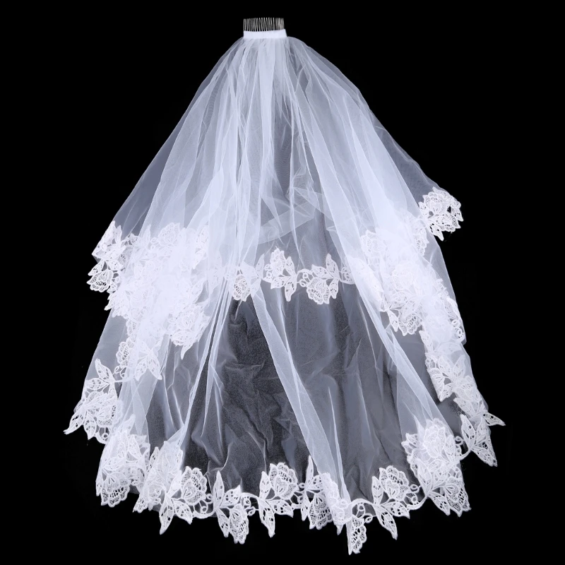 

Bridal Veil with Comb Double Layer Dainty Appliques Short Sheer Tulle Lace Trims Veils for Wedding Bride Bridesmaid