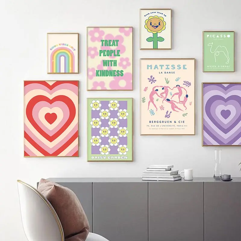 Danish Pastel Poster Aesthetic Colorful Canvas Painting Rainbow Purple Green Heart Butterfly Flower Wall Art Print Bedroom Decor