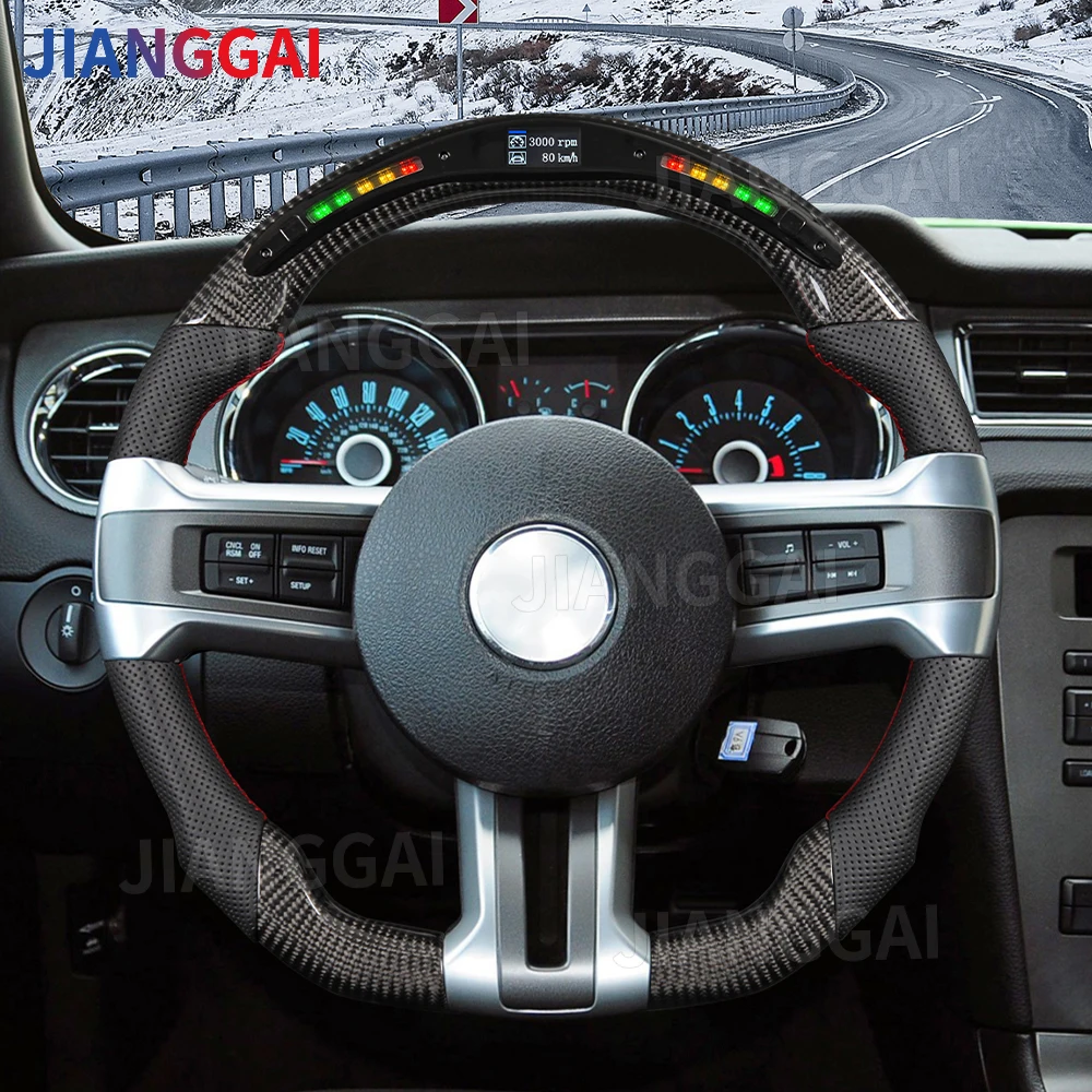 

For Mustang 2010 2011 2012 2013 2014 Real Carbon Fiber Steering Wheel Perforated Leather With LED Display Car Steering Wheel