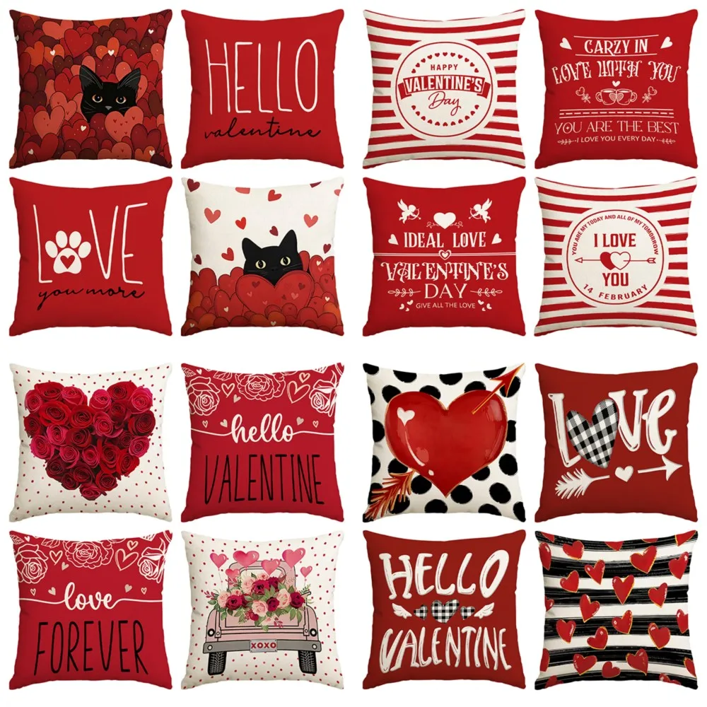 4Pcs Valentine's Day Red Heart and Cute Black Cat Pattern Throw Pillow, Home Decorative Cushion, Soft Plush Cushion With Inser