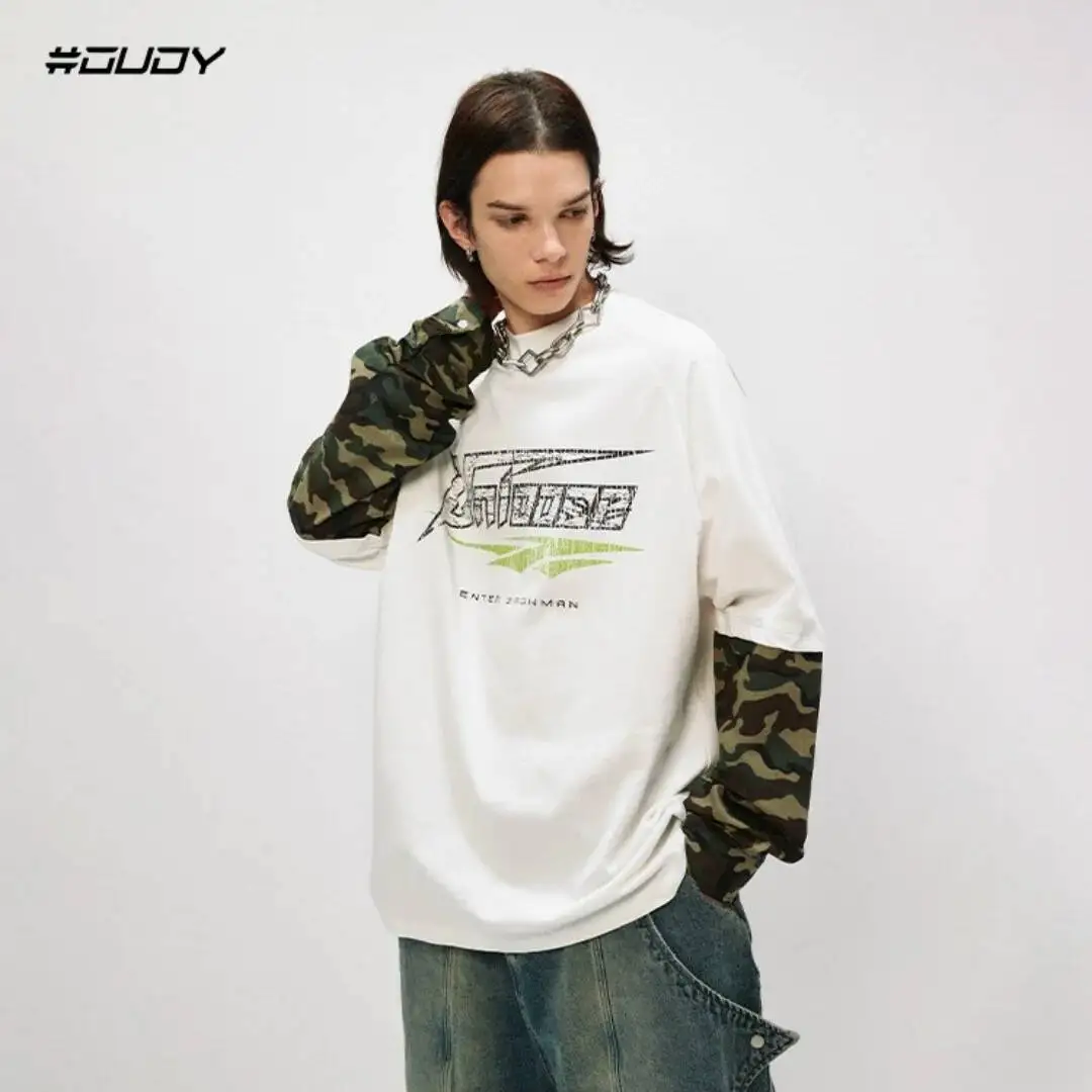 

Unisex Hip Hop Long Sleeve T-shrit Letters Print Fake Two Piece Base Layer Printed Camouflage Patchwork Men's Long Sleeve Top
