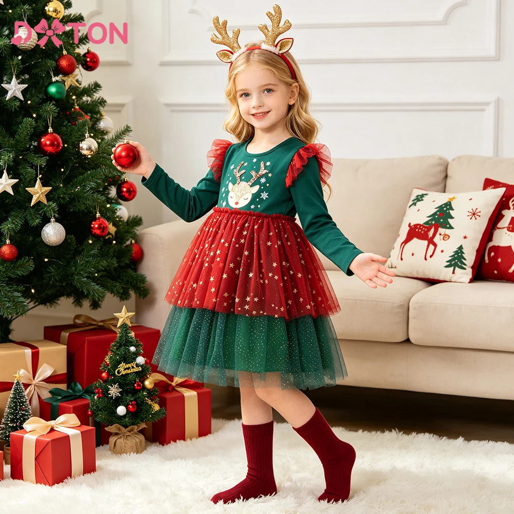 DXTON Xmas Kids Girls Costumes Elk Children Dresses Christmas Toddler Gift Snowflake Girls Princess Dress New Year Party Outfits