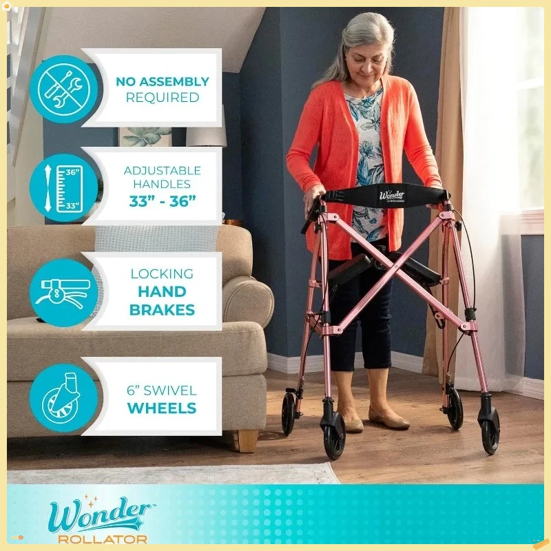 Rollator salvaspazio con sedile, camminatore pieghevole leggero per anziani, rosa