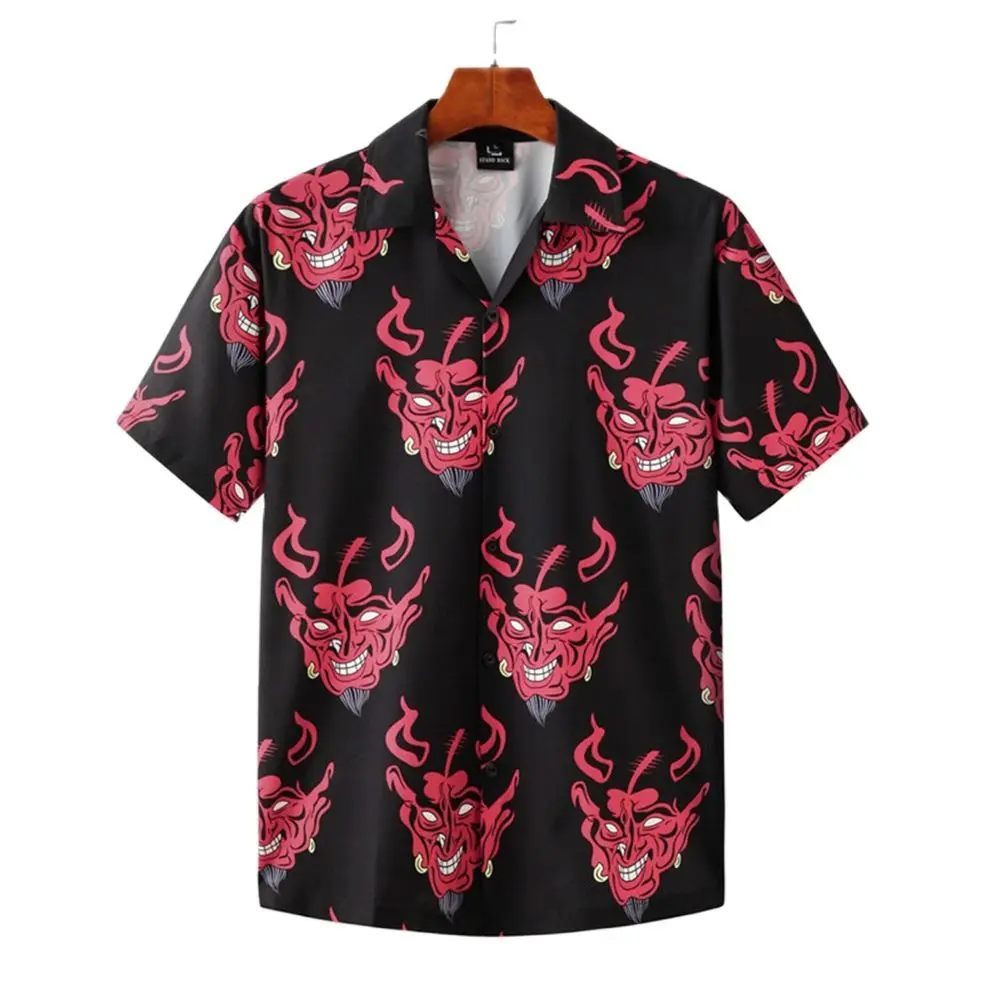 Devil Shirts Full Printed Short Sleeve Men\'s Shirt Floral Loose Hawaiian Korean Streetwear Hip Hop Fashion Shirts Male Camisa