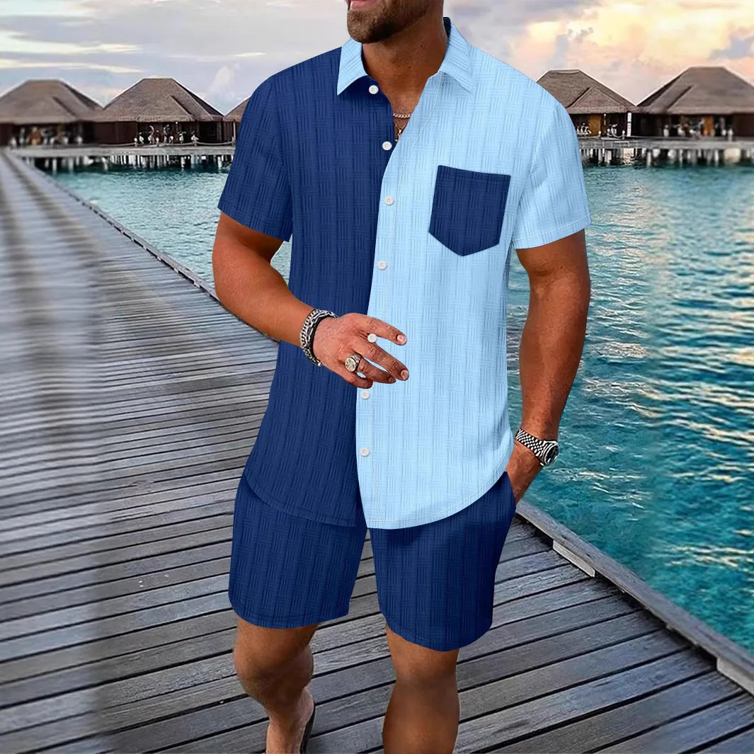 2025 European Men's Summer Short-Sleeved Plaid Multi-Color Padded Short-Sleeved Shorts Collared Shirt Casual Suit