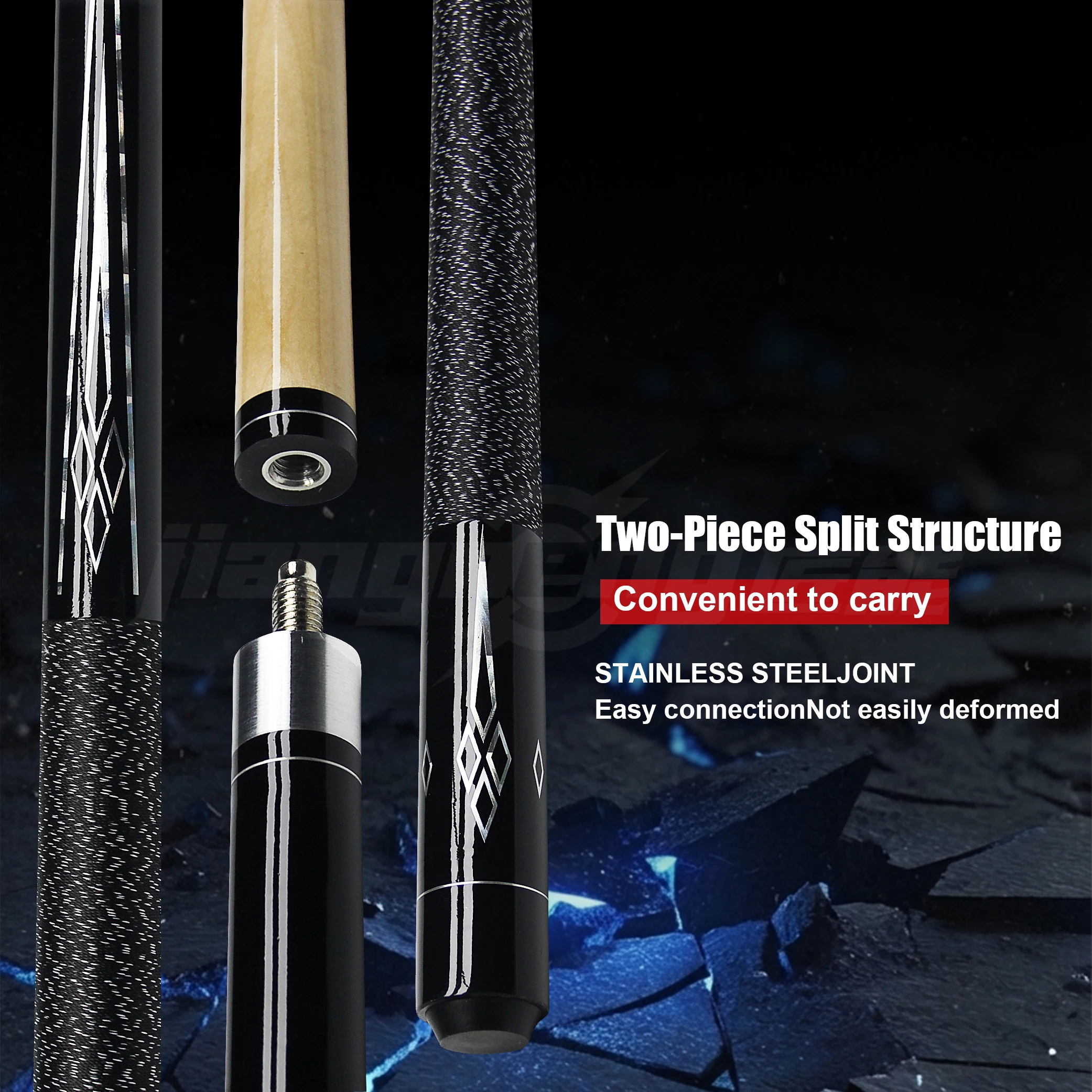 hit productCool    Maple Wood Pool Cue - 13 mm Tip Uni-loc Joint Unique Pattern 1/2 Split  American Billiards Black Color