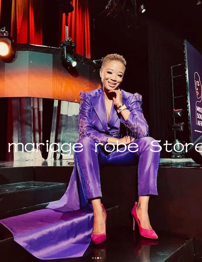 Paarse Aso Ebi jumpsuit galajurken met zijsleep lange mouwen sprankelend kristal op maat gemaakte avondjurk met V-hals broekpak