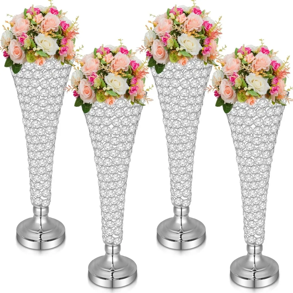 

4 Pcs 20 Inch Tall Crystal Vase for Centerpieces Wedding Metal Crystal Trumpet Flower Vase Stand for Table Floor Wedding Party
