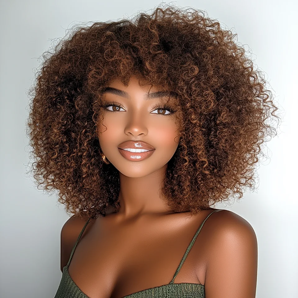 

Коричневые кудрявые парики-боб из натуральных человеческих волос, афро-кудрявые парики с челкой, без клея, готовые к носке, парики-боб с кудрями «Джерри», бразильские парики из натуральных человеческих волос