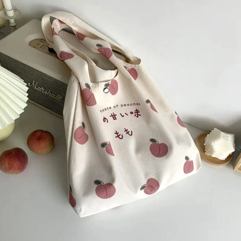 Cute Strawberry Tote Bag Aesthetic for School Girls Purses Shopper Designer Handbag Japanese Women Peach Print Eco Shoulder Bags