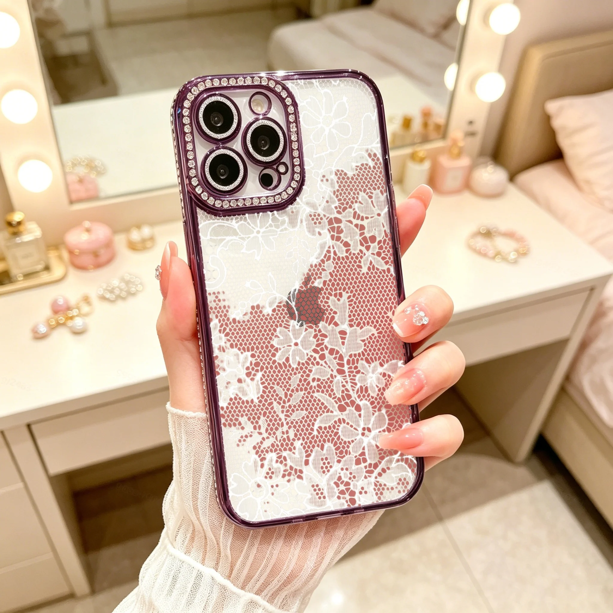 Diamond Electroplated TPU Phone Case for iPhone,  Elegant Lace Phone Case, Purple Rhinestone Camera Frame With Floral Pattern Design  , Luxury Glitter Rhinestone Frame, Built-in Lens Protector, Anti-Slip Shockproof Clear Cover