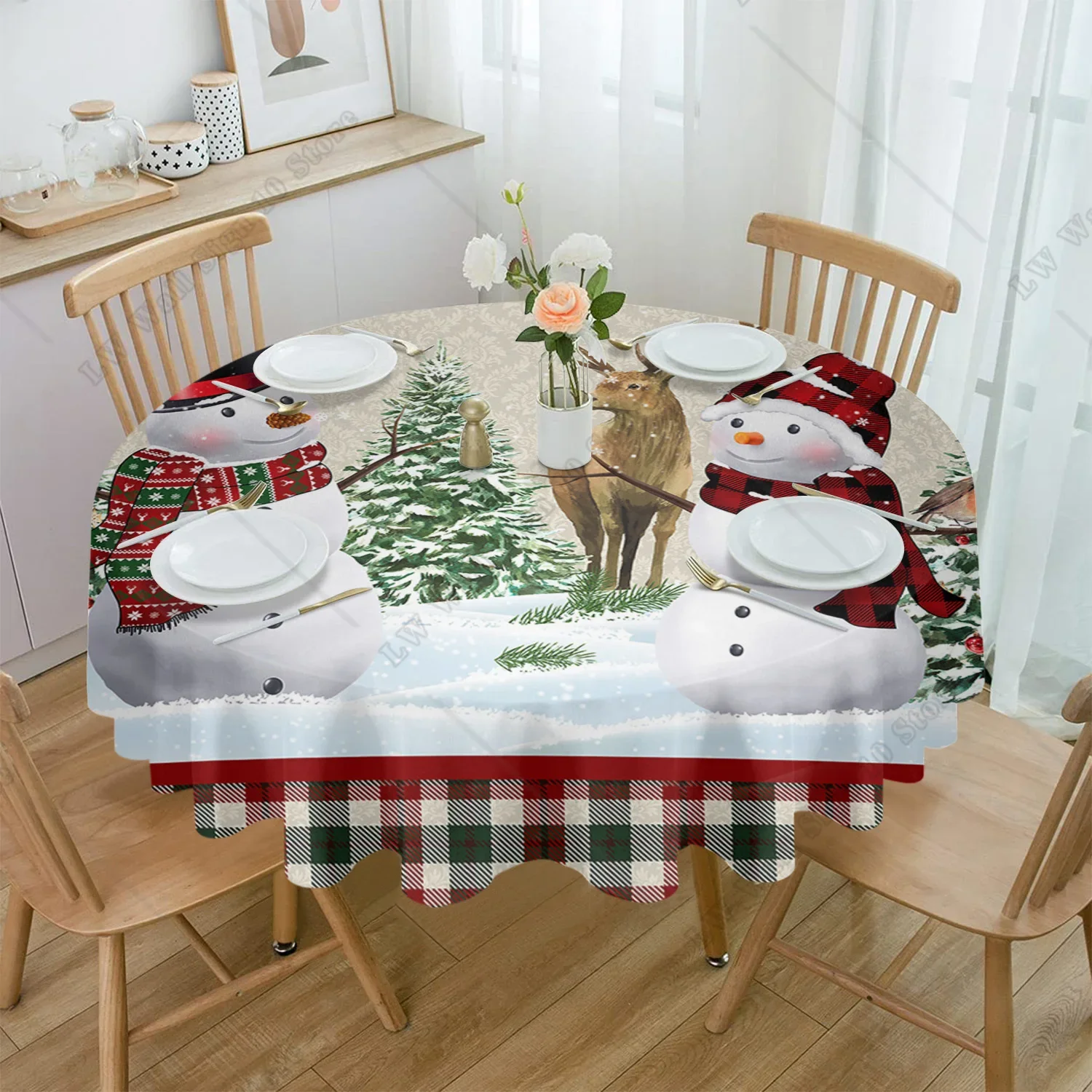 

Christmas Elk Snowman Fir Tree Round Tablecloth Waterproof Wedding Party Table Cover Christmas Dining Table Tablecloth