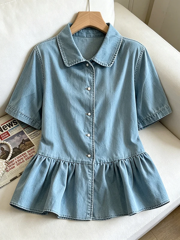 

plus Size Thin Short Sleeve Denim Shirt Women's Summer New Style Sweet And Salty Shoulder Regular Thickness Korean Version Co...