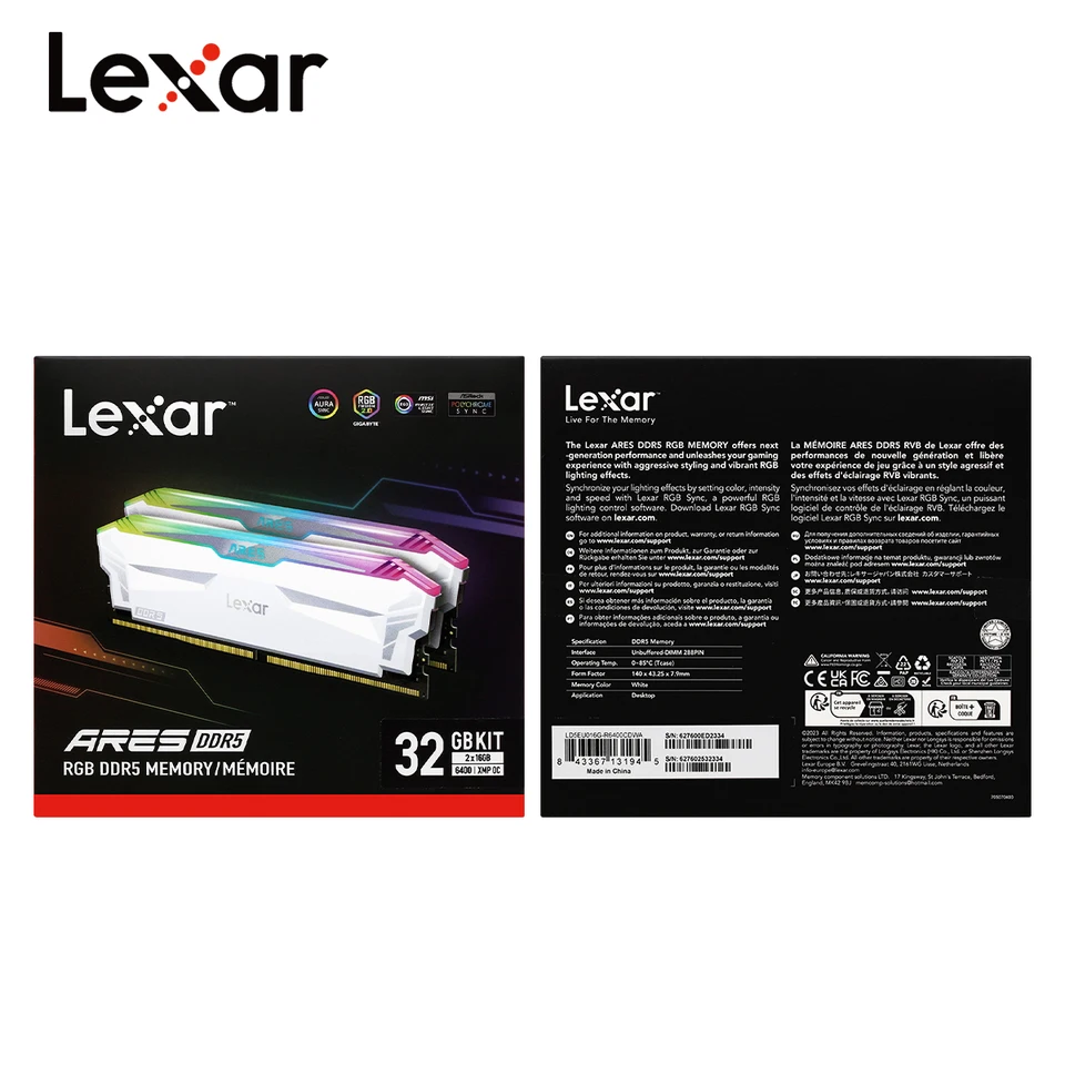 Lexar DDR5 Ares RGB Ram 6400MHz CL32 SDRAM 16GB 32GB 2PCS Black