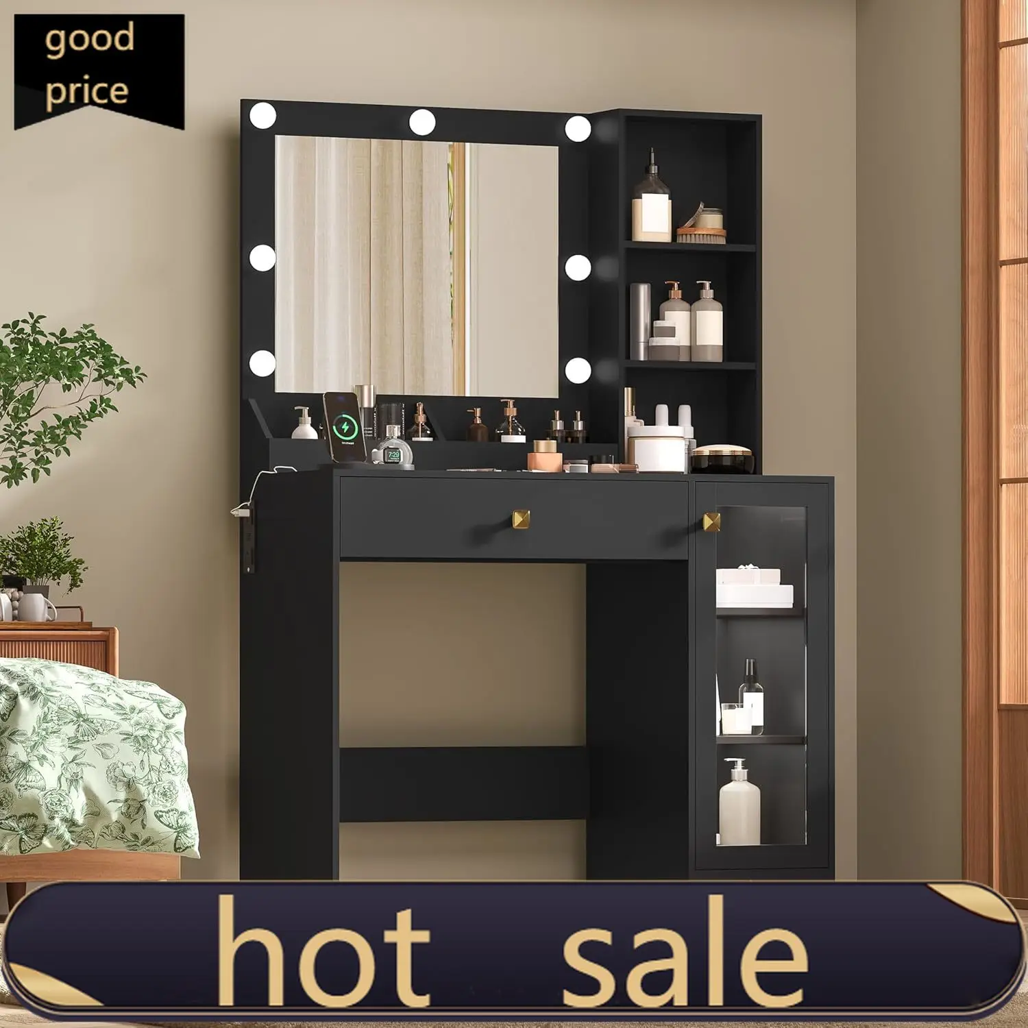 Black Vanity Desk with Mirror and Lights, 34