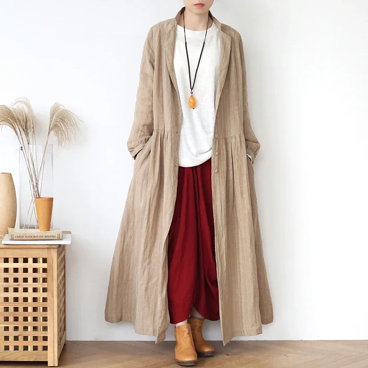 Imagem -03 - Estilo Japão Trench Coat Feminino Algodão & Linho Cabolsas Longos Sólidos Solto Manga Comprida Oversized Outono Outwear Casual 2023 Novo