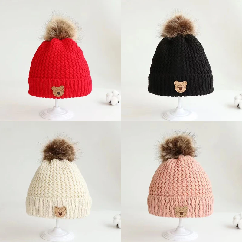 

Детская зимняя шапка с медведем, плюшевая подкладка, помпон, детская шапочка с меховым шариком, утепленная детская шапка, аксессуары для малышей, детские вязаные шапки, От 1 до 5 лет