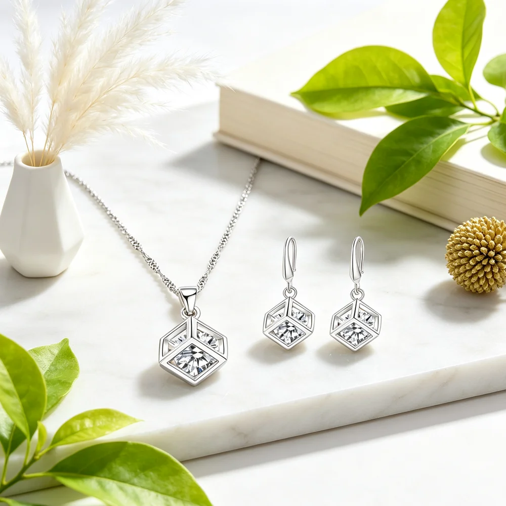 Hot Sale Genuine 925 Sterling Silver Shinny CZ Crystal Jewelry Set For Women Girls Wedding Accessories Pendant Necklace Earrings
