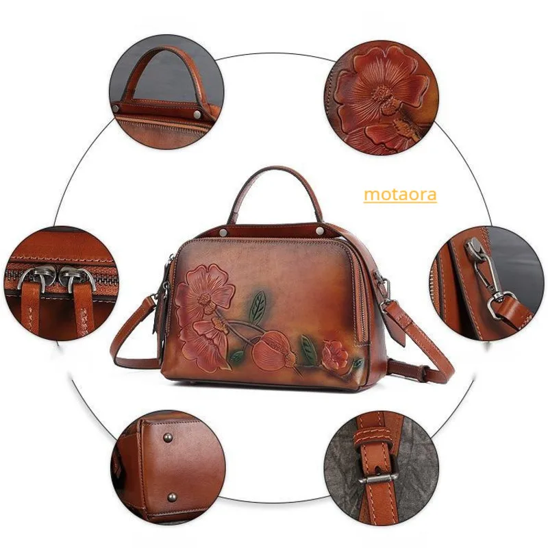 MOTAORA Embossed Designer Bags For Women New Artistic Chinese Style Genuine Leather Female Luxury Handbags Boston Women's Bag