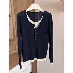 Navy Blue Fake Two Piece Wool Knitted Sweater Women's Autumn Korean Style Half Placket Slimming 2 In 1 Pullover