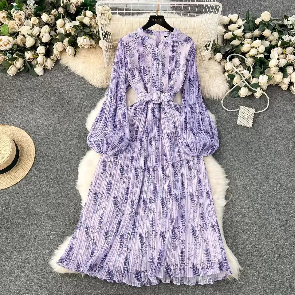 Elegant French 2024 Spring Pink Flower Print Pleated Dress New Runway Women O Neck Puff Sleeve Chiffon Holiday Belt Long Vestido