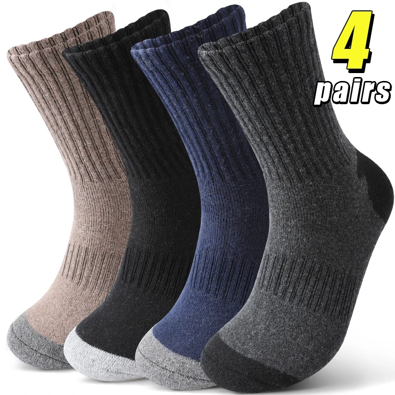 4Pairs Men's Mid-Calf Thick Wool Socks Winter Warm Loop Sports Socks Comfortable Cozy Thermal Hiking Socks Outdoor