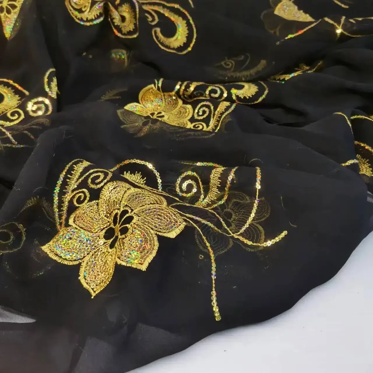 100% Silk Georgette Fabric Tissue with Embroidery Sequins Scarf Saree Decoration Dress Material